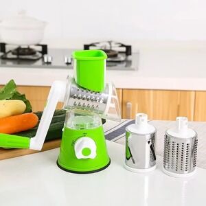 Manual Rotary Vegetable Cutter & Grater 3-Blade – Kitchen Food Slicer, Green